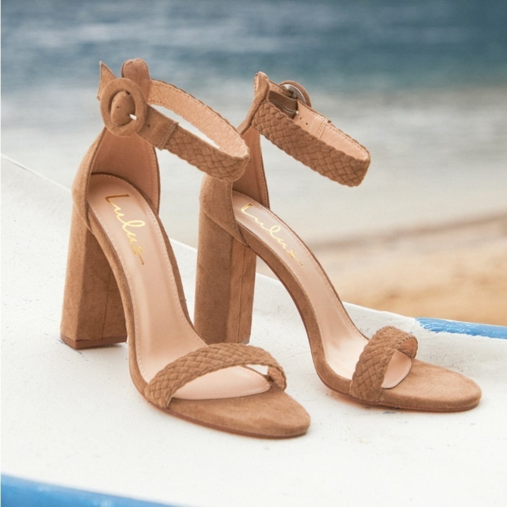 Lulus Dahliaa Mushroom Brown Suede Woven Ankle Strap High Heel Sandals